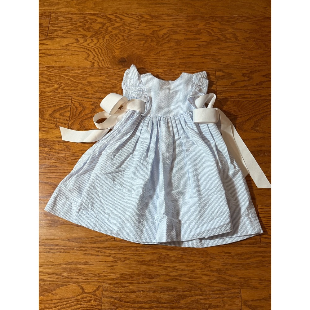 Funtasia Too Girls Blue Stripe Seersucker Ruffle Sleeve Dress Sz 24M NWOT Preppy